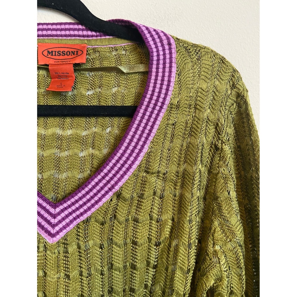 Missoni for Target Olive Green V-Neck Sweater with Pink Trim